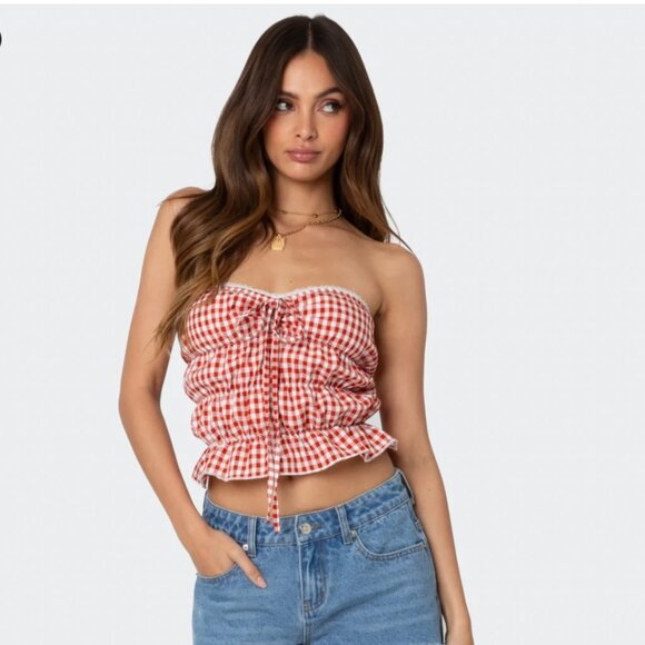 Edikted Lanna Gingham Elastic Scrunch Top in Red (S) - Picture 1 of 3
